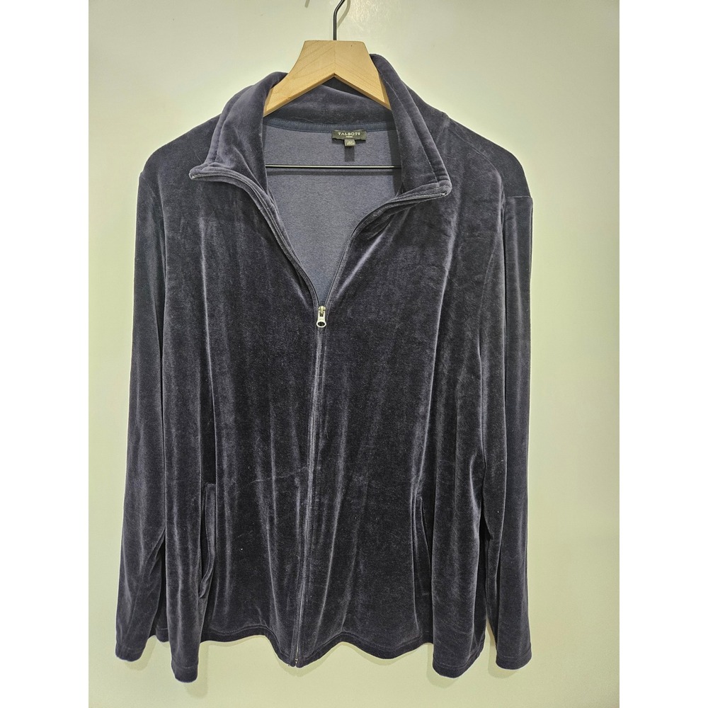 Talbots Woman Navy Blue Velour Zip Up Jacket Mock Neck Plus Size 2X Pocketed